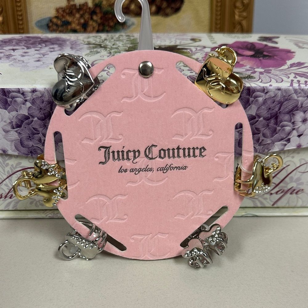 Juicy Couture Gold Silver Tone Heart Shaped Rhinestone Small Hair Clips 6 pk
